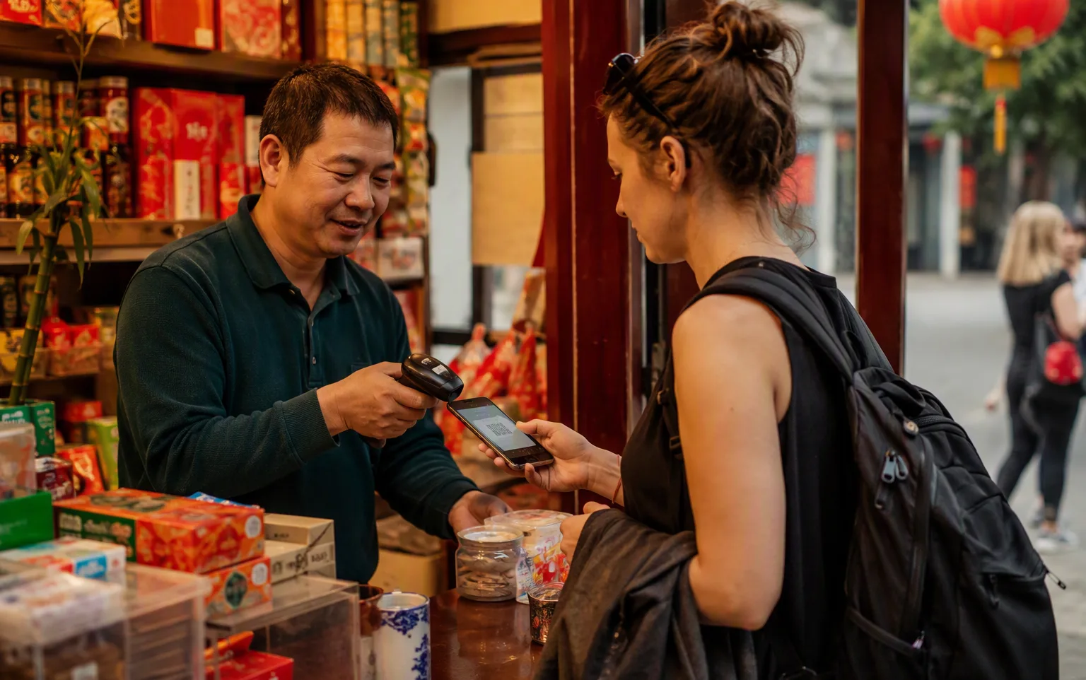 A traveler paying with a smartphone at a convenience store counter in China