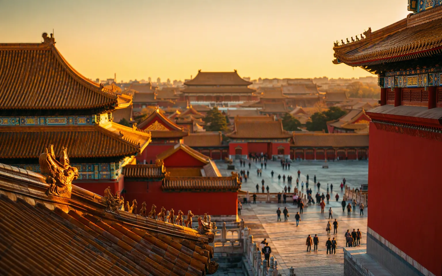 The Forbidden City's red walls and golden roofs at golden hour