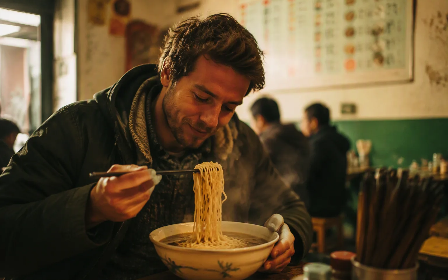 A traveler eating noodles at a small local eatery in China