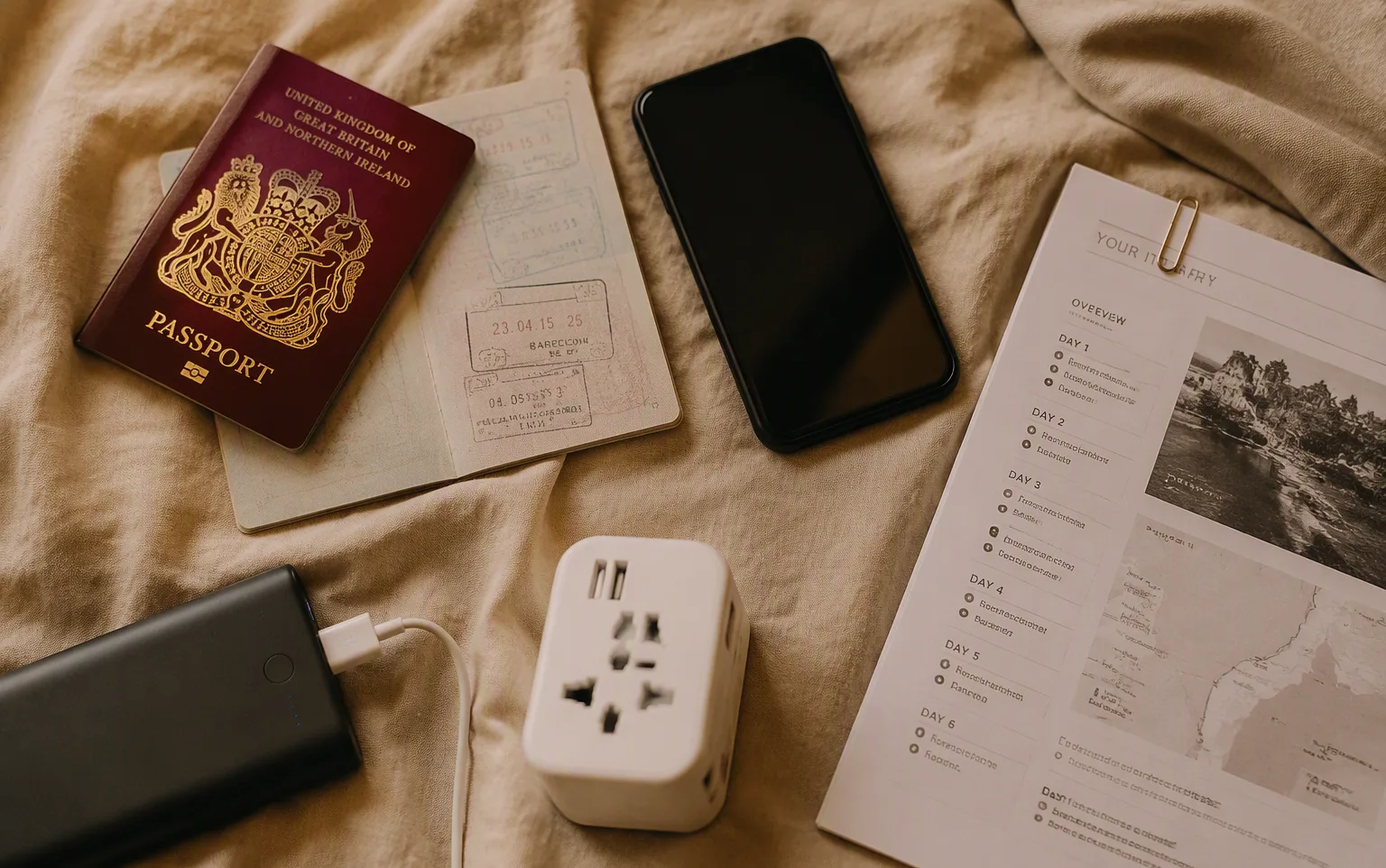 A pre-departure flat lay: passport, phone, power bank, adapter and printed itinerary