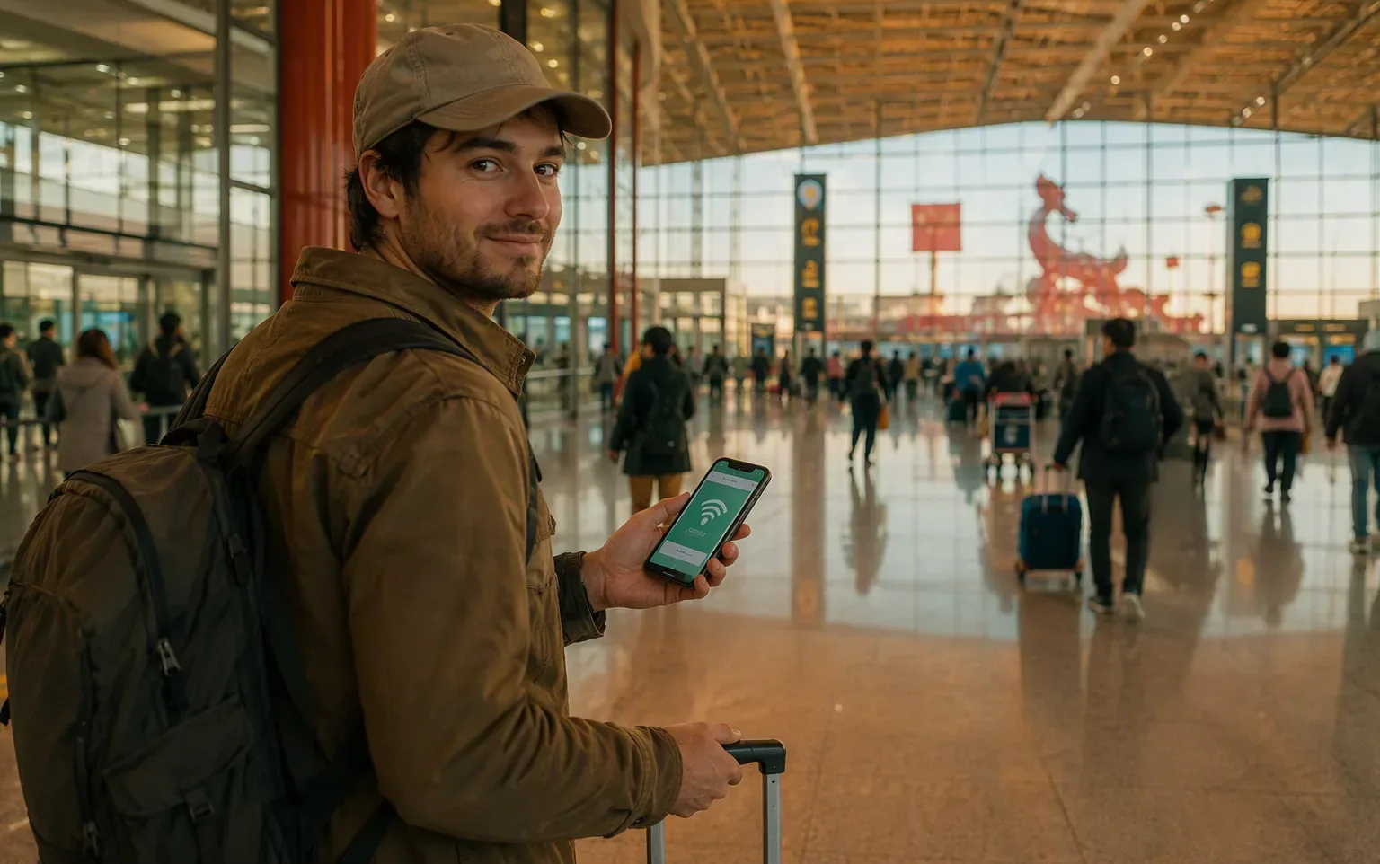 A traveler at a Chinese airport arrival hall checking his phone, which is already connected via a travel eSIM