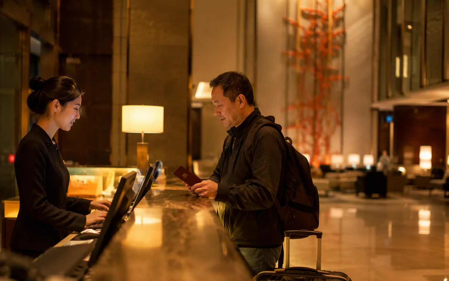 A traveler checking in with a passport at a modern hotel reception in China
