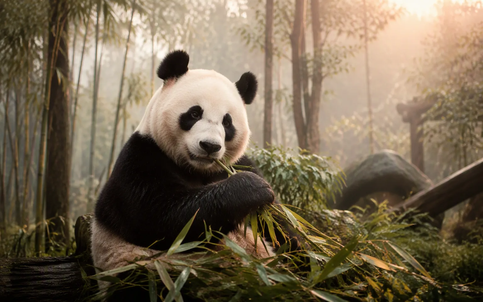 A giant panda eating bamboo in the morning mist at Chengdu panda base