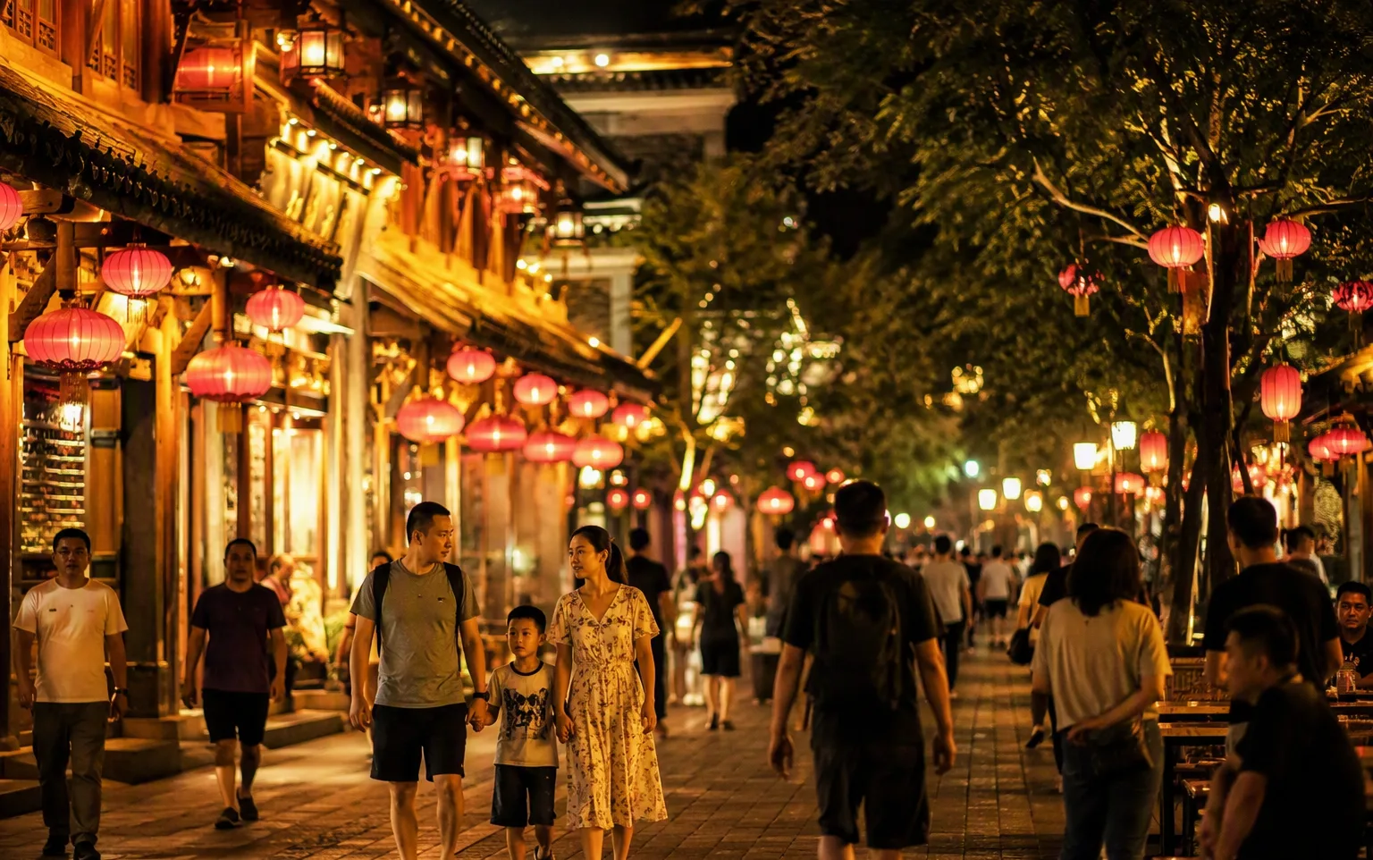 A lively lantern-lit pedestrian street in China at night, full of strolling families