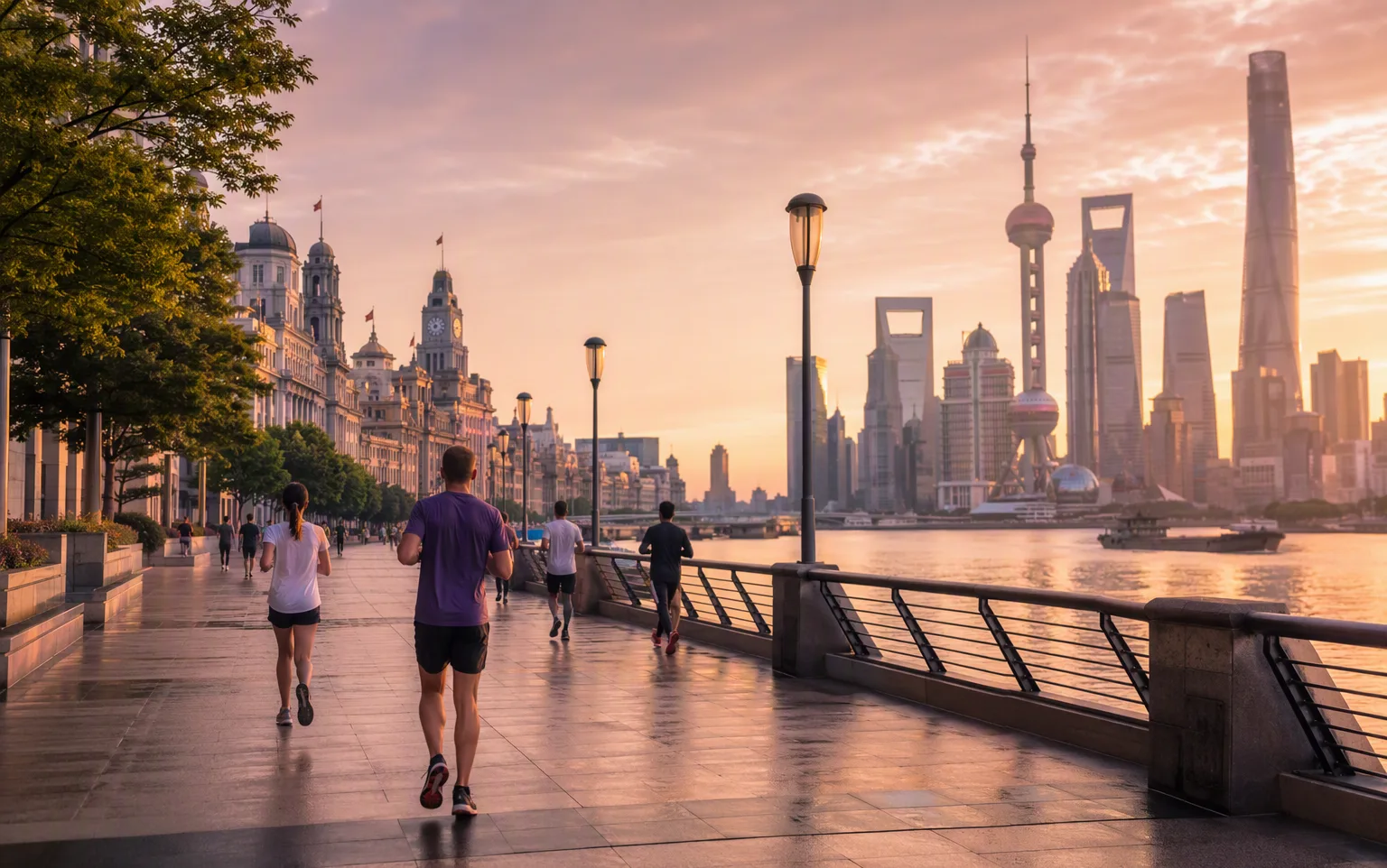 The Bund at dawn: historic waterfront facing Pudong's skyscrapers