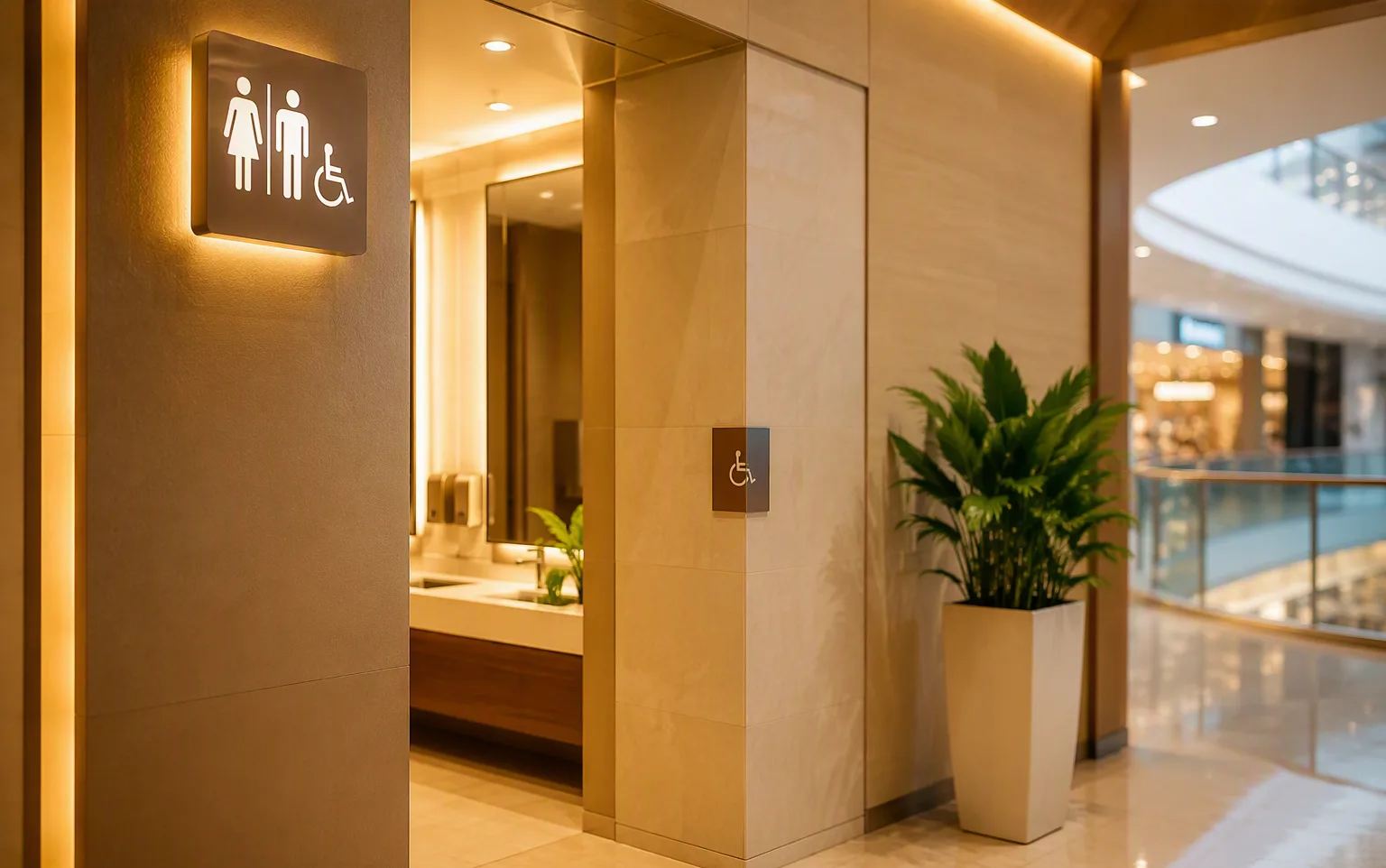 A spotless modern public restroom entrance in a Chinese shopping mall