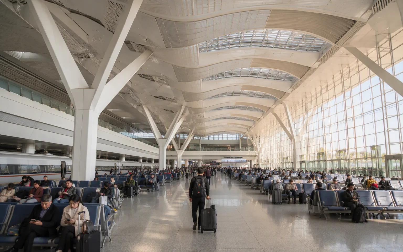Inside a spacious modern Chinese train station departure hall