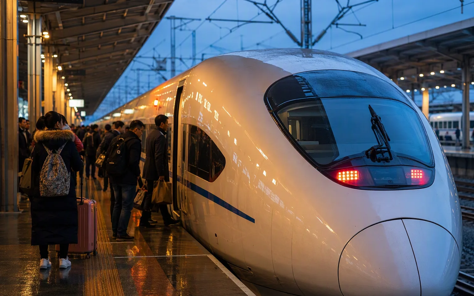 A Chinese high-speed train at the platform with travelers boarding