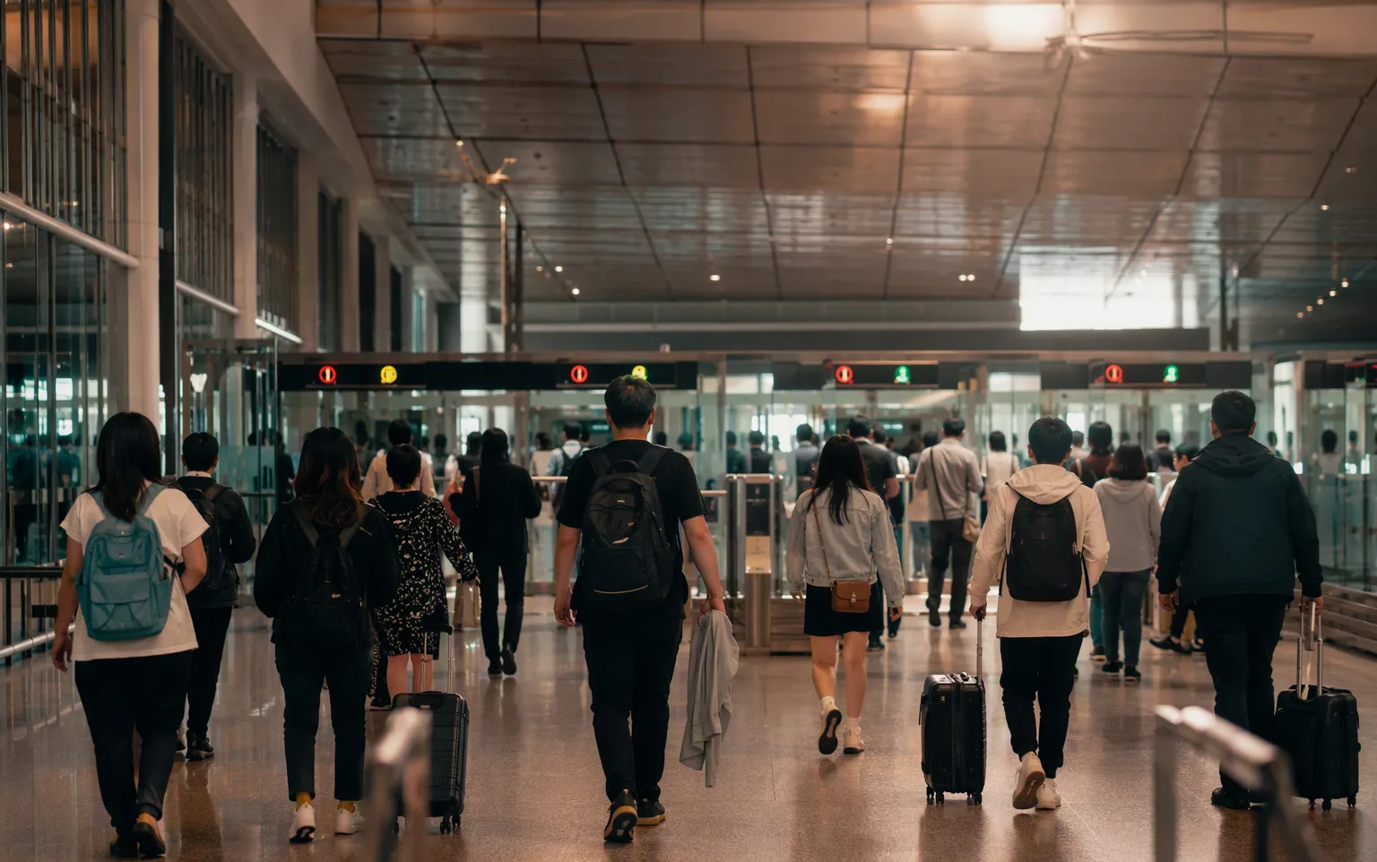 Immigration hall at a Chinese airport, where visa-free travelers walk straight to passport control