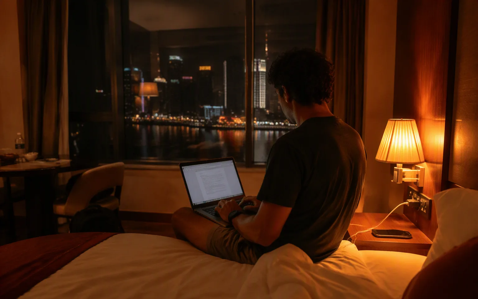 A traveler working on a laptop in a Chinese hotel room at night