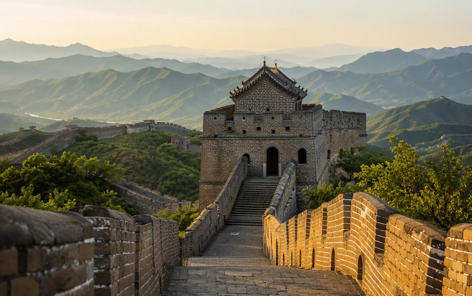 A restored watchtower at Mutianyu with mountains rolling to the horizon