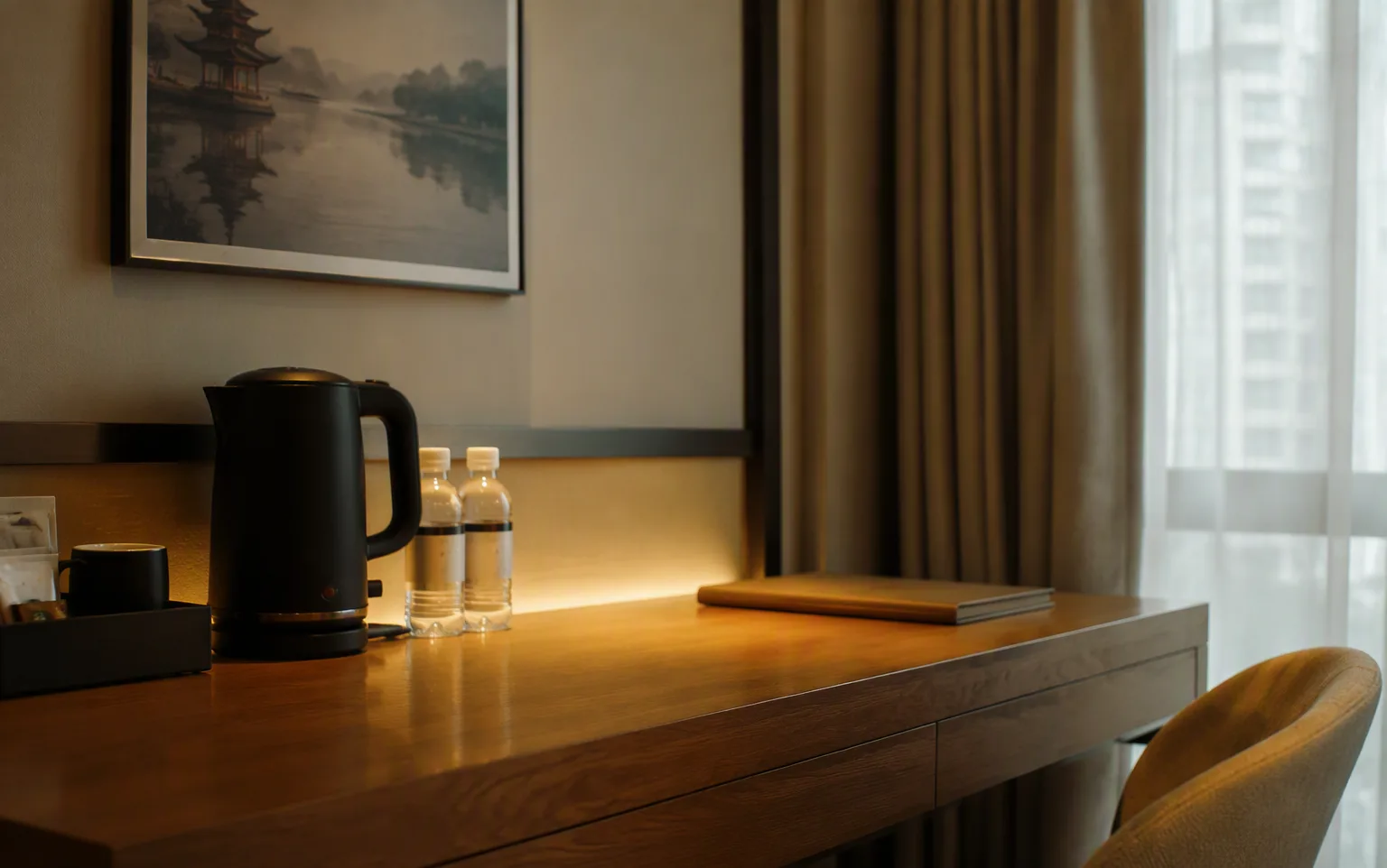 A hotel desk in China with an electric kettle and bottled water