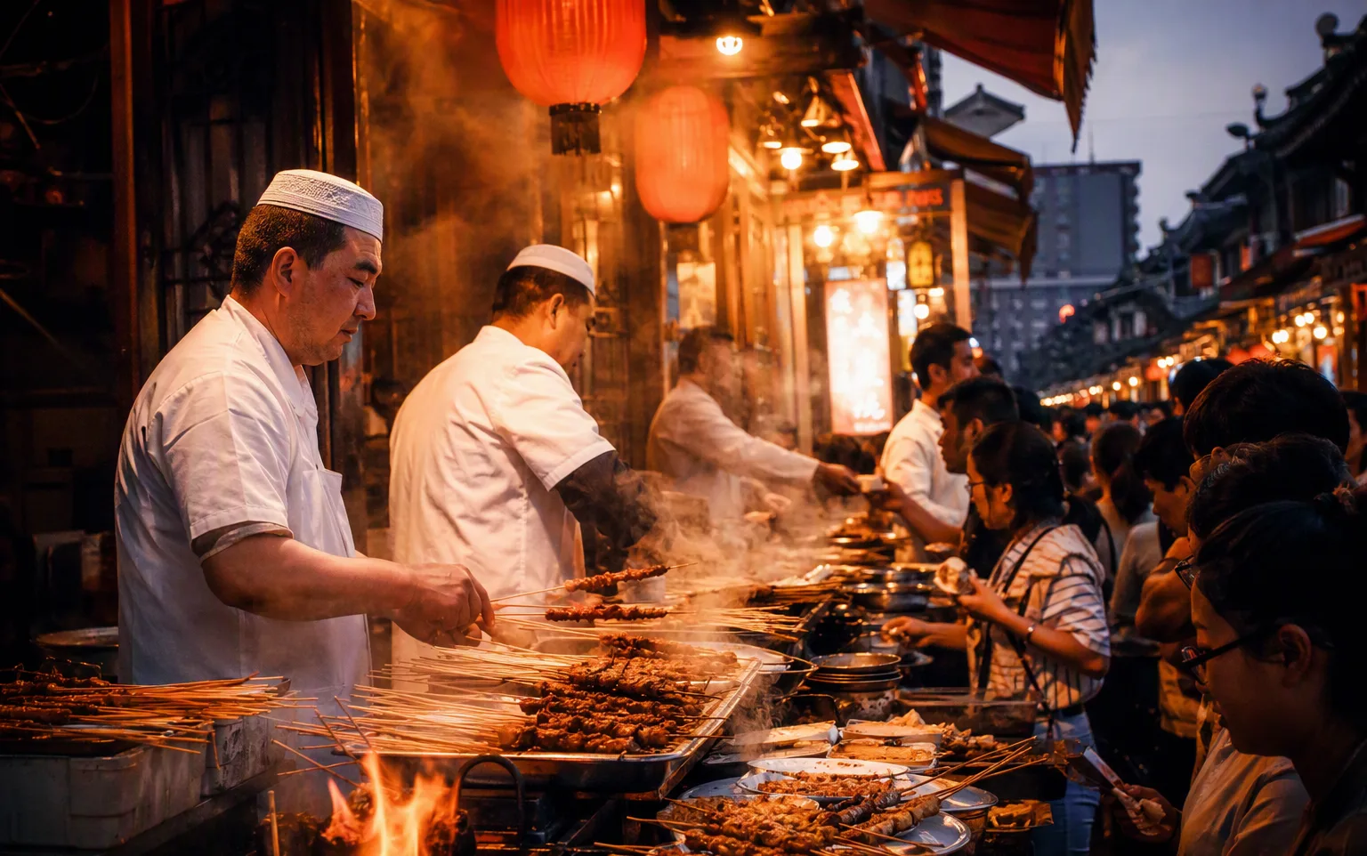 The Muslim Quarter food street in Xi'an at dusk, vendors grilling skewers under red lanterns