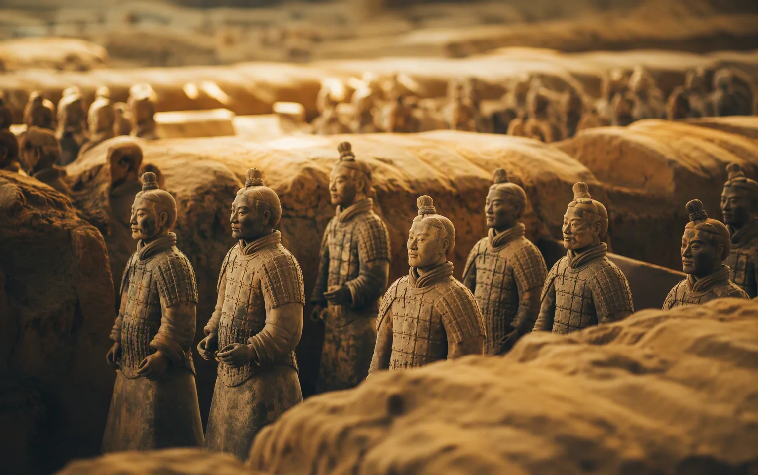 Rows of terracotta warriors in the excavation pit in Xi'an