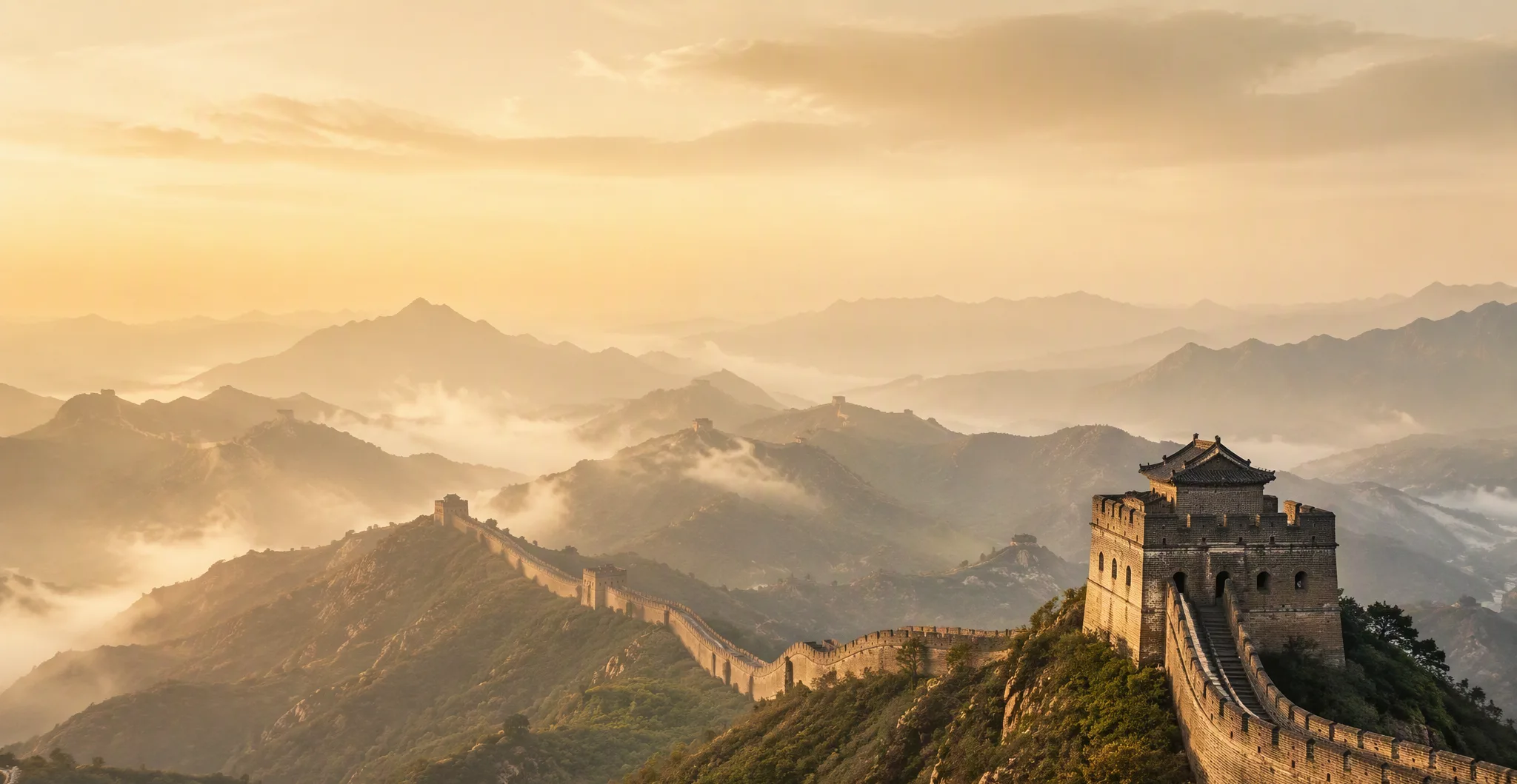 The Great Wall of China winding over mountain ridges at dusk